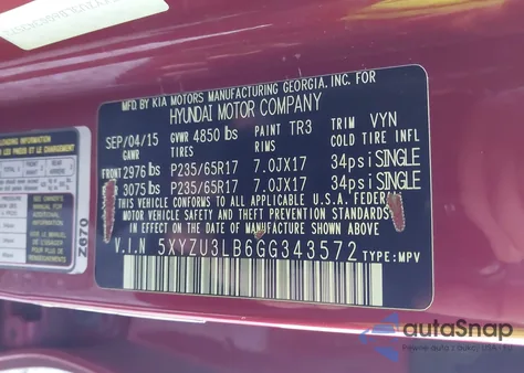 2016 Hyundai Santa Fe Sport 2.4L из США, поврежденный, VIN 5XYZU3LB6GG343572